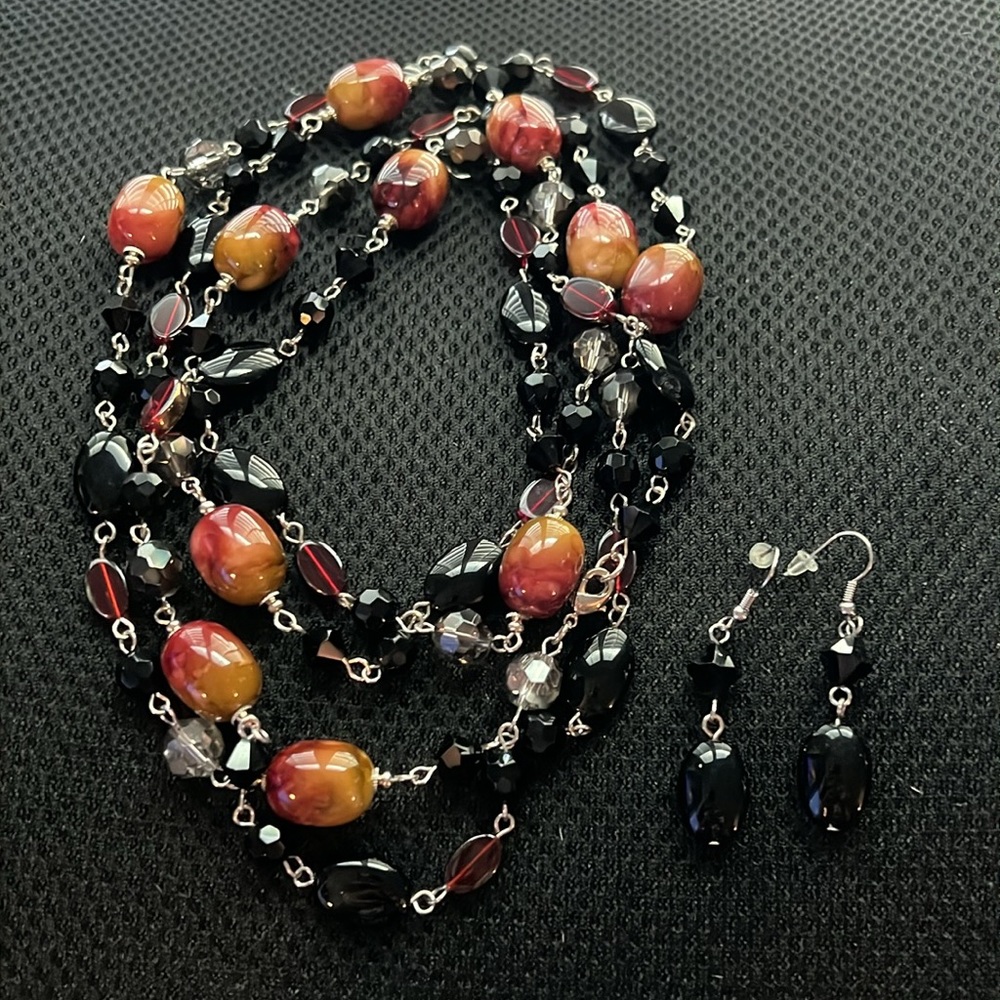 New Red/Brown Beads Long Lariat Statement Necklace Earring Gift Set